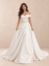White Off-the-Shoulder Draped Satin A-Line Wedding Dress with Beaded Waist