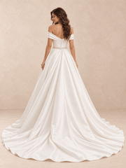 White Off-the-Shoulder Draped Satin A-Line Wedding Dress with Beaded Waist
