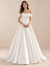 White Off-the-Shoulder Draped Satin Floor Length Wedding Dress