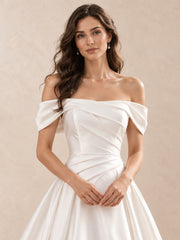 White Off-the-Shoulder Draped Satin Floor Length Wedding Dress