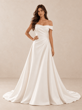 White Off-the-Shoulder Draped Satin Wedding Dress with Train