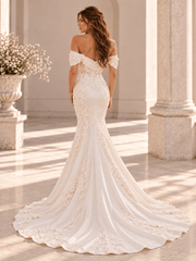White Off-the-Shoulder Floral Appliqué Mermaid Wedding Dress with Draped Bodice