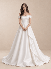 White Off-the-Shoulder Low Square Back Satin Wedding Dress