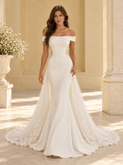 White Off-the-Shoulder Mermaid Wedding Dress with Lace Cutout Sides