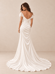 White Off-the-Shoulder Ruched Satin Mermaid Wedding Dress with Beaded