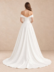 White Off-the-Shoulder Satin A-Line Wedding Dress with Basque Waist