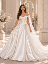 White Off-the-Shoulder Satin A-Line Wedding Dress with Pearl Accents