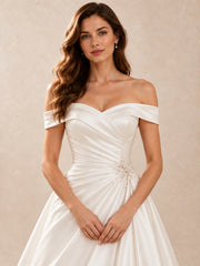 White Off-the-Shoulder Satin A-Line Wedding Dress with Pearl Waist Detail