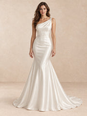 White Off-the-Shoulder Satin A-Line Wedding Dress with Sweep Train