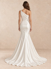 White Off-the-Shoulder Satin A-Line Wedding Dress with Sweep Train