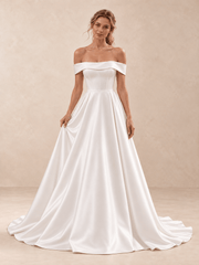 White Off-the-Shoulder Satin A-Line Wedding Dress with Train