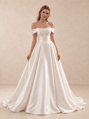 White Off-the-Shoulder Satin A-Line Wedding Dress with Train