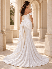 White Off-the-Shoulder Satin Mermaid Wedding Dress with Sequined skirt
