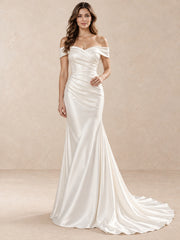 White Off-the-Shoulder Satin Trumpet Wedding Dress with Draped Bodice