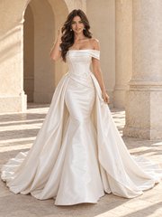 White Off-the-Shoulder Satin Wedding Dress with Corset Bodice