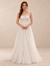 White One-Shoulder Floral Lace Sequin Wedding Dress with Sweep Train