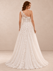 White One-Shoulder Floral Lace Sequin Wedding Dress with Sweep Train