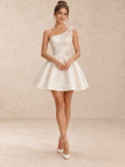 White One-Shoulder Pearl-Embellished Jacquard Mini Wedding Dress