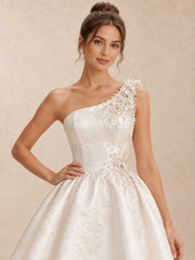 White One-Shoulder Pearl-Embellished Jacquard Mini Wedding Dress