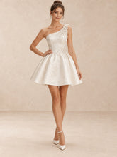 White One-Shoulder Pearl-Embellished Jacquard Mini Wedding Dress