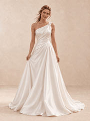 White One-Shoulder Satin Asymmetrical Draped Back Wedding Dress