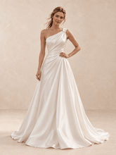 White One-Shoulder Satin Asymmetrical Draped Back Wedding Dress