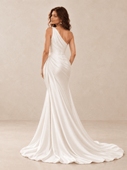 White One-Shoulder Satin Mermaid Wedding Dress with Beaded Draped Bodice