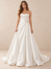 White Pearl-Accent Strapless Satin A-Line Wedding Dress with Sweep Train