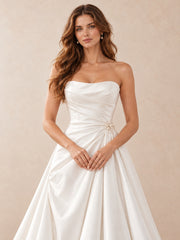 White Pearl-Accent Strapless Satin A-Line Wedding Dress with Sweep Train