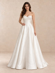 White Pearl-Accented Draped Satin Strapless Wedding Dress with Sweep Train