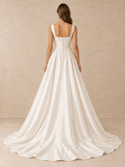 White Pearl-Accented Satin Bateau A-Line Wedding Dress