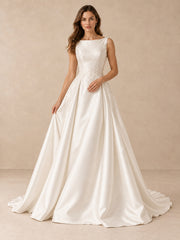 White Pearl-Accented Satin Bateau A-Line Wedding Dress