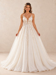 White Plunging V-Neck Lace Appliqué A-Line Wedding Dress