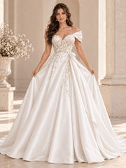 White Satin A-Line Wedding Dress with Asymmetric Draping & Floral Lace