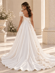 White Satin A-Line Wedding Dress with Asymmetrical Floral Accents