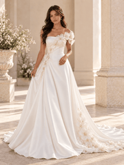 White Satin A-Line Wedding Dress with Asymmetrical Floral Accents