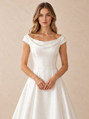 White Satin A-Line Wedding Dress with Draped Bateau Neckline