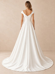 White Satin A-Line Wedding Dress with Draped Bateau Neckline
