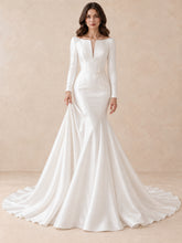 White Satin Long Sleeves Mermaid Wedding Dress With Pearl Appliqués