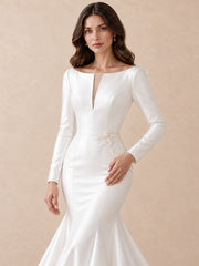White Satin Long Sleeves Mermaid Wedding Dress With Pearl Appliqués