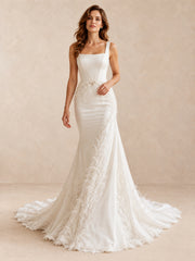 White Satin Mermaid Wedding Dress with Feather Embroidery