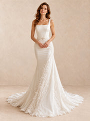 White Satin Mermaid Wedding Dress with Feather Embroidery