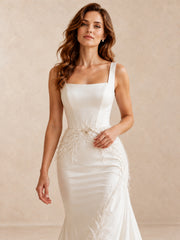 White Satin Mermaid Wedding Dress with Feather Embroidery