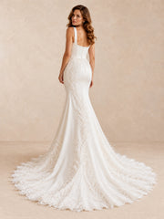 White Satin Mermaid Wedding Dress with Feather Embroidery