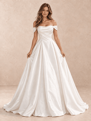 White Satin Off-the-Shoulder Wedding Dress with Draped Crossover Bodice