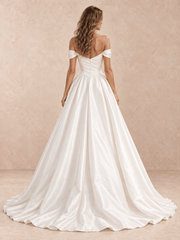 White Satin Off-the-Shoulder Wedding Dress with Draped Crossover Bodice