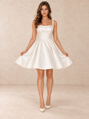 White Satin Square-Neck A-Line Mini Wedding Dress with Pearl Waist