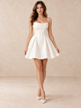 White Satin Square-Neck Pearl-Detail Mini Wedding Dress