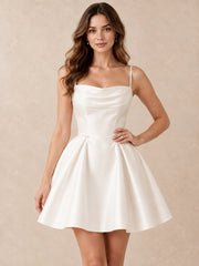 White Satin Square-Neck Pearl-Detail Mini Wedding Dress