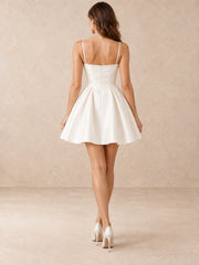 White Satin Square-Neck Pearl-Detail Mini Wedding Dress